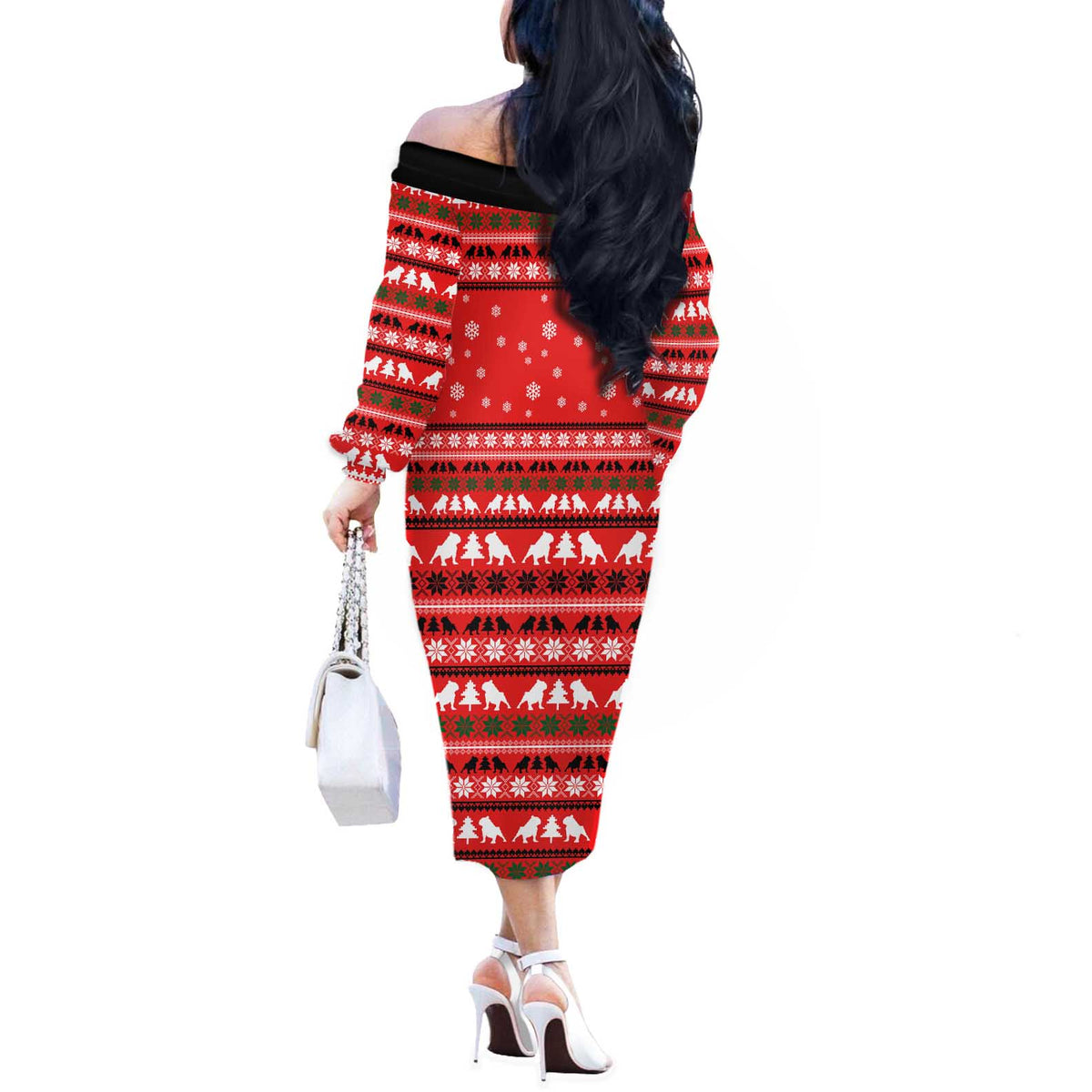 Give Your Heart Pitbull Dog Christmas Off The Shoulder Long Sleeve Dress Xmas Holiday Patterns - Wonder Print Shop