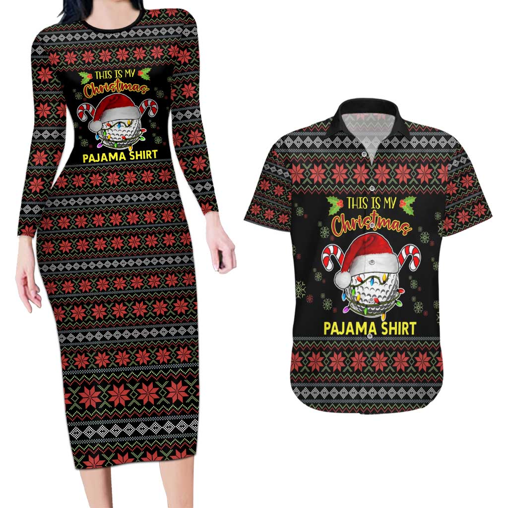 Golf Pajama Christmas Couples Matching Long Sleeve Bodycon Dress and Hawaiian Shirt Xmas Holiday Patterns - Wonder Print Shop