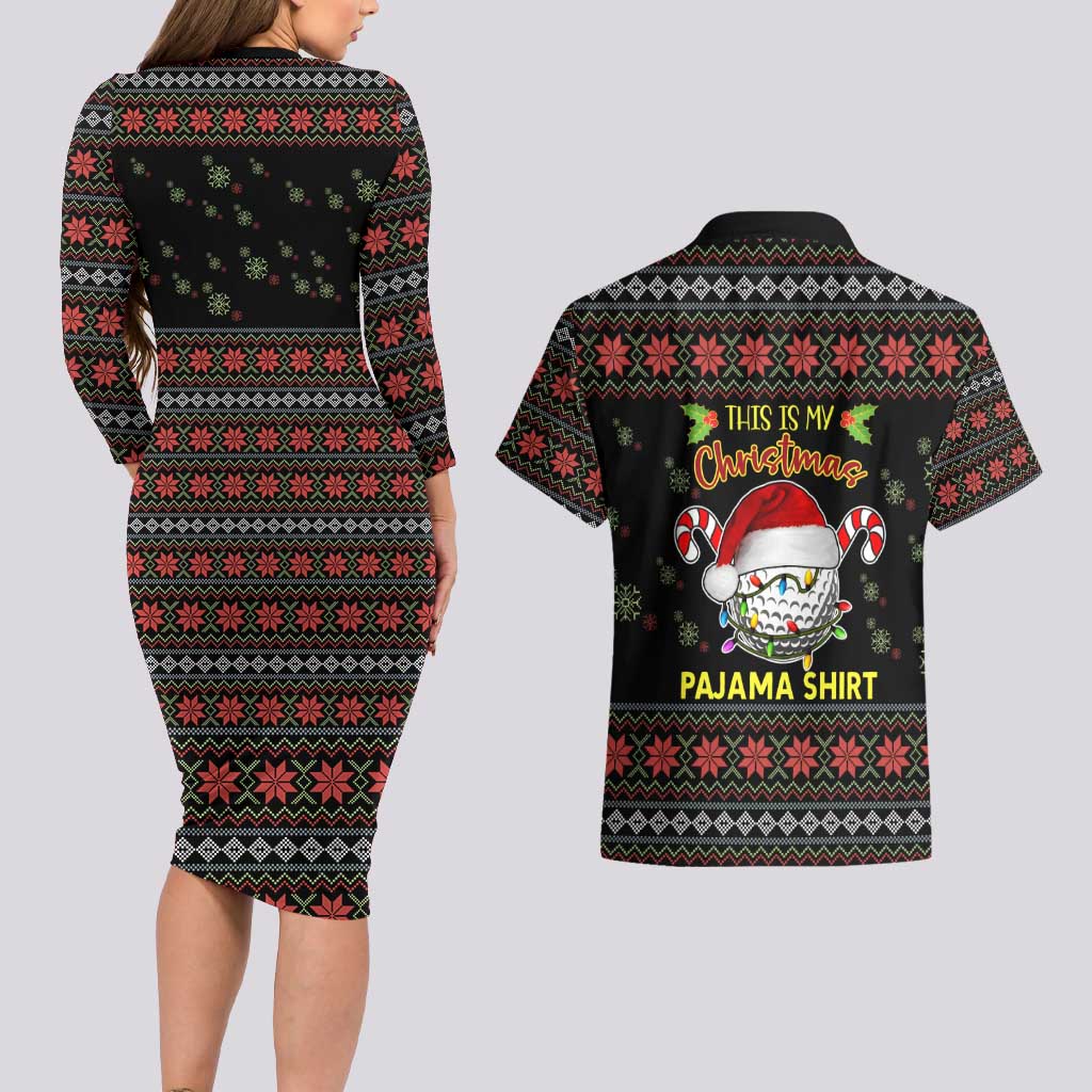 Golf Pajama Christmas Couples Matching Long Sleeve Bodycon Dress and Hawaiian Shirt Xmas Holiday Patterns - Wonder Print Shop