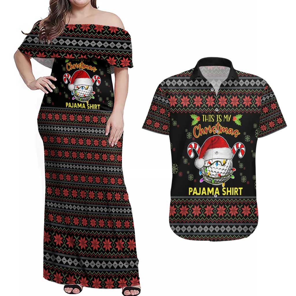 Golf Pajama Christmas Couples Matching Off Shoulder Maxi Dress and Hawaiian Shirt Xmas Holiday Patterns - Wonder Print Shop