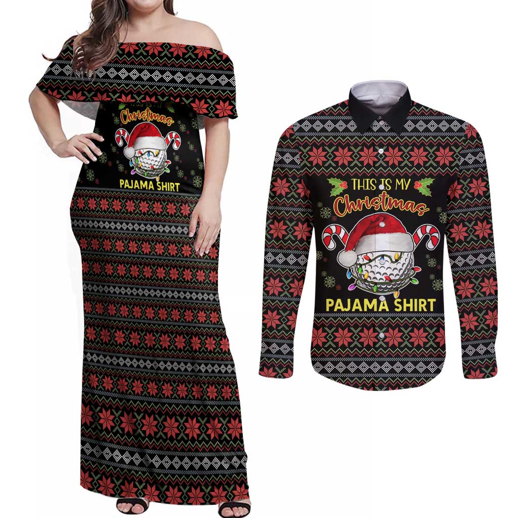 Golf Pajama Christmas Couples Matching Off Shoulder Maxi Dress and Long Sleeve Button Shirt Xmas Holiday Patterns - Wonder Print Shop