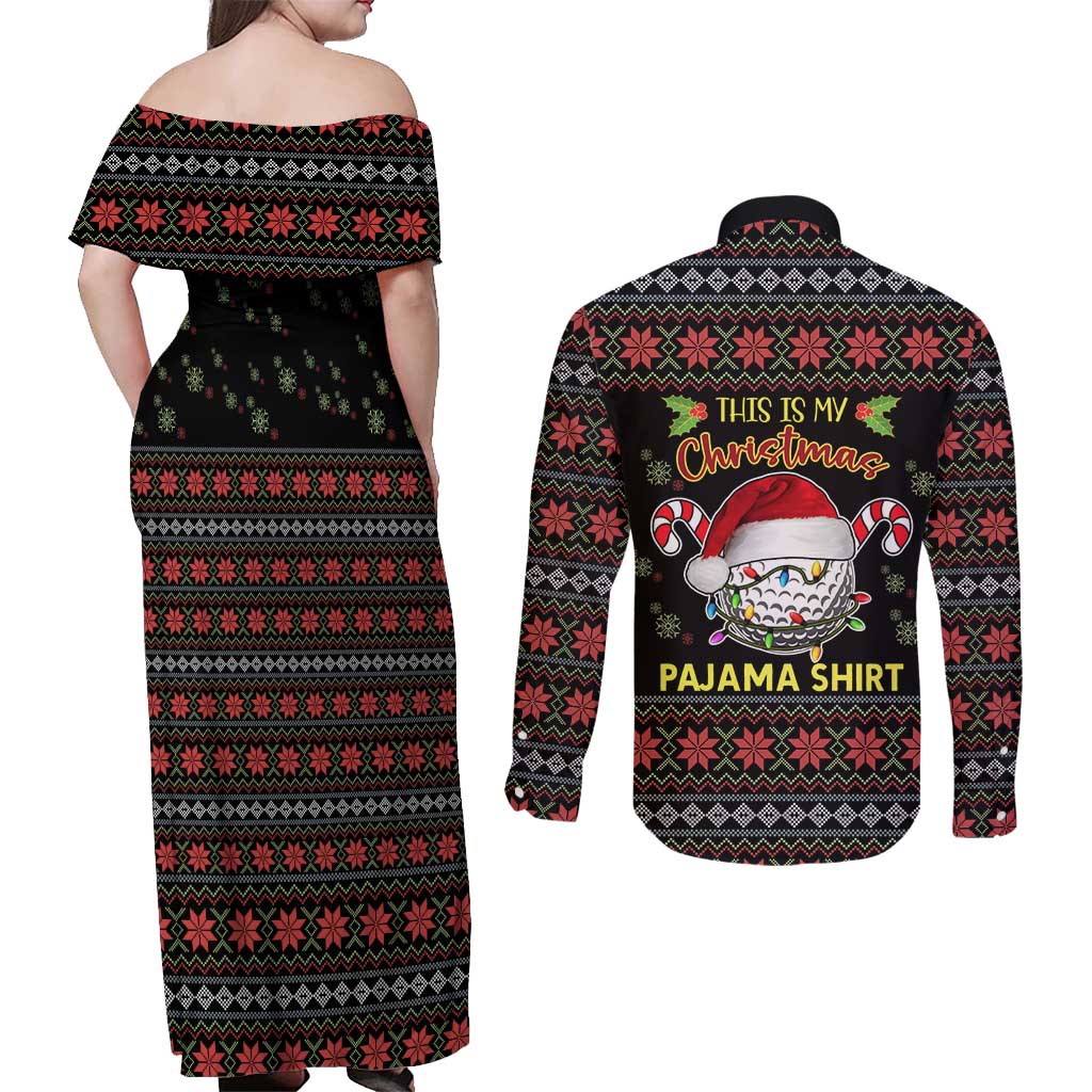 Golf Pajama Christmas Couples Matching Off Shoulder Maxi Dress and Long Sleeve Button Shirt Xmas Holiday Patterns - Wonder Print Shop