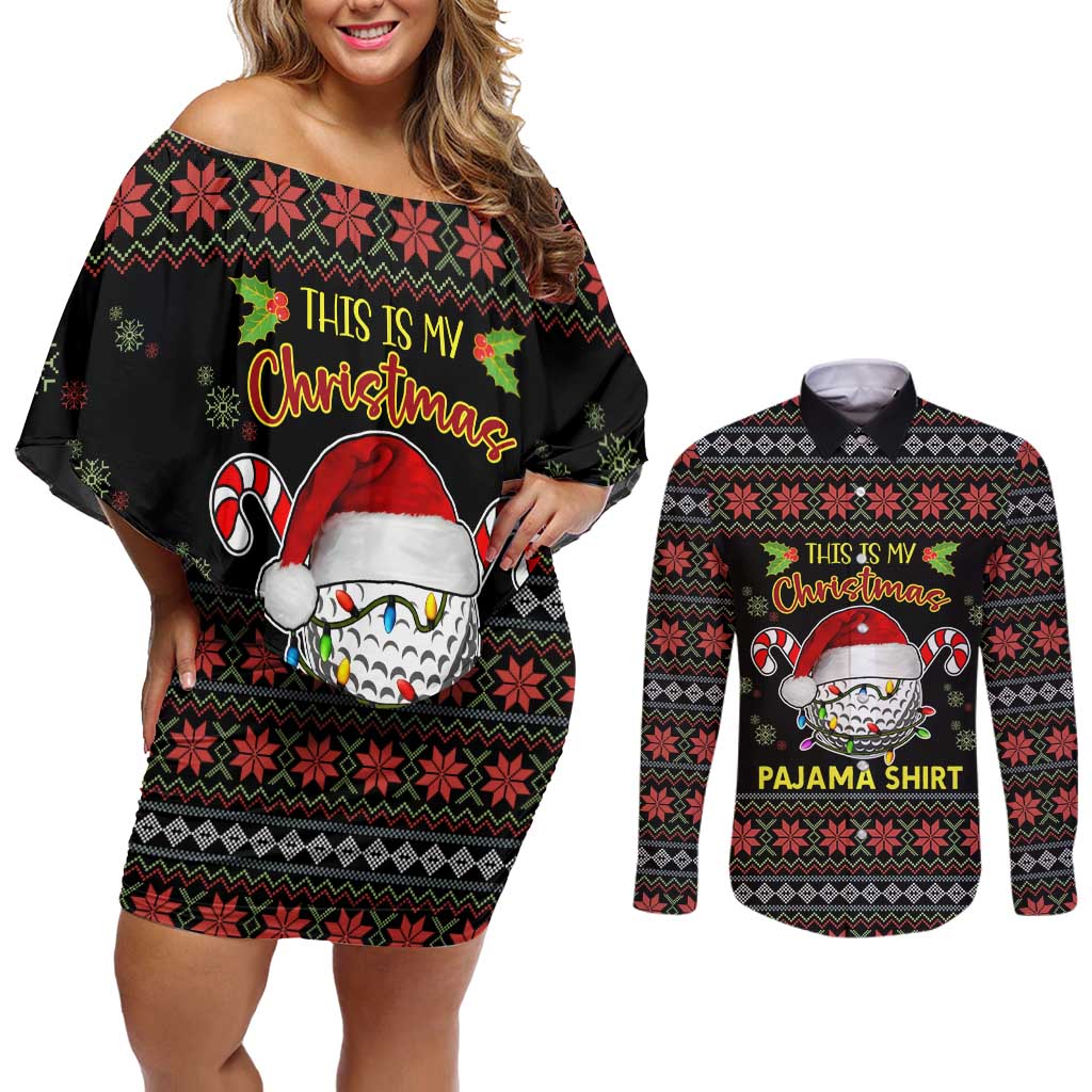 Golf Pajama Christmas Couples Matching Off Shoulder Short Dress and Long Sleeve Button Shirt Xmas Holiday Patterns - Wonder Print Shop