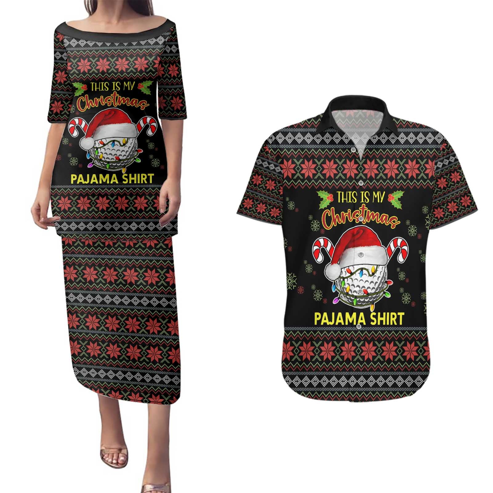 Golf Pajama Christmas Couples Matching Puletasi and Hawaiian Shirt Xmas Holiday Patterns - Wonder Print Shop