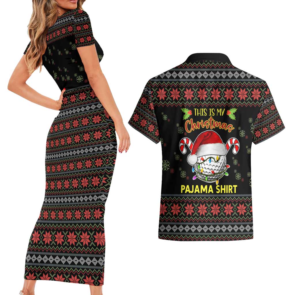 Golf Pajama Christmas Couples Matching Short Sleeve Bodycon Dress and Hawaiian Shirt Xmas Holiday Patterns - Wonder Print Shop