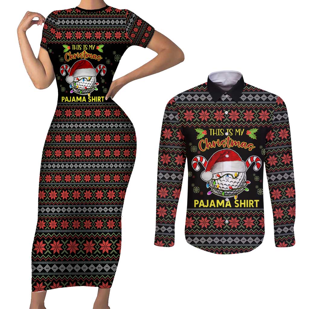 Golf Pajama Christmas Couples Matching Short Sleeve Bodycon Dress and Long Sleeve Button Shirt Xmas Holiday Patterns - Wonder Print Shop