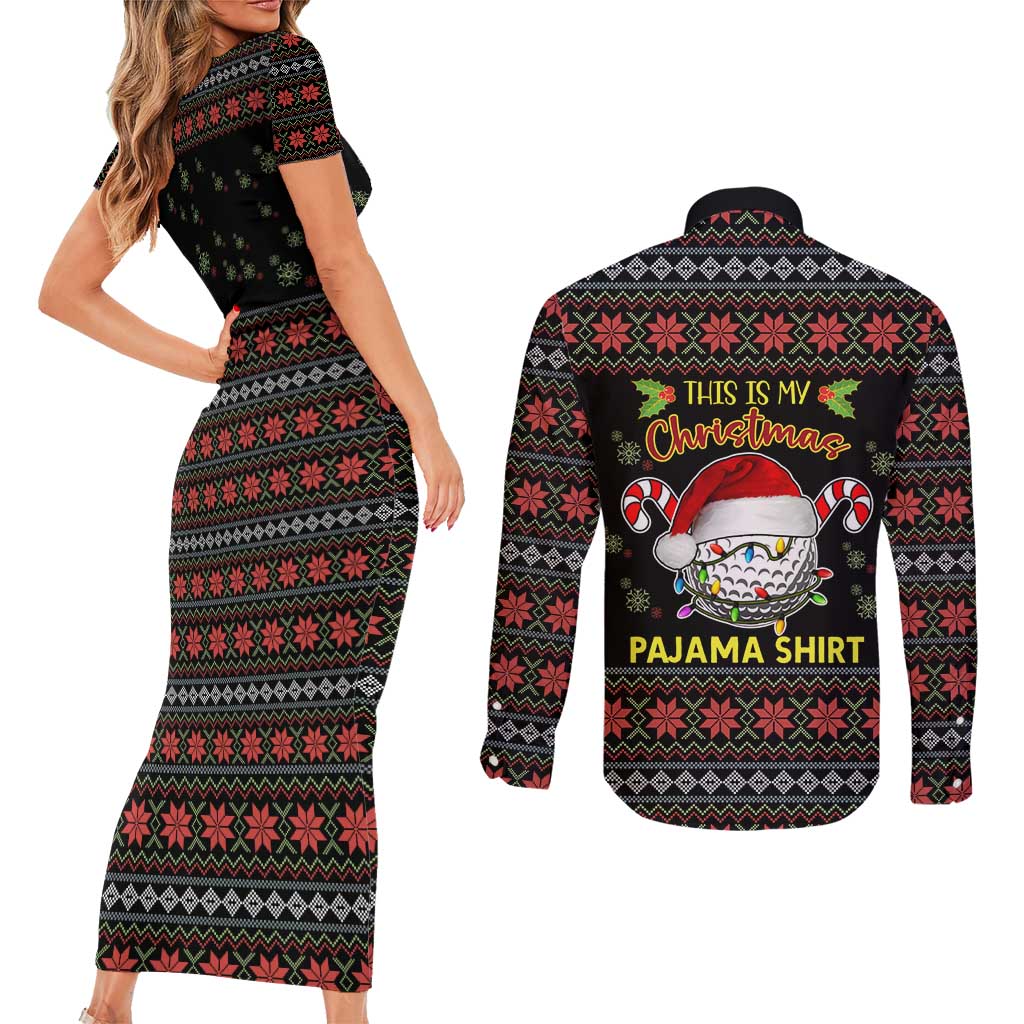 Golf Pajama Christmas Couples Matching Short Sleeve Bodycon Dress and Long Sleeve Button Shirt Xmas Holiday Patterns - Wonder Print Shop
