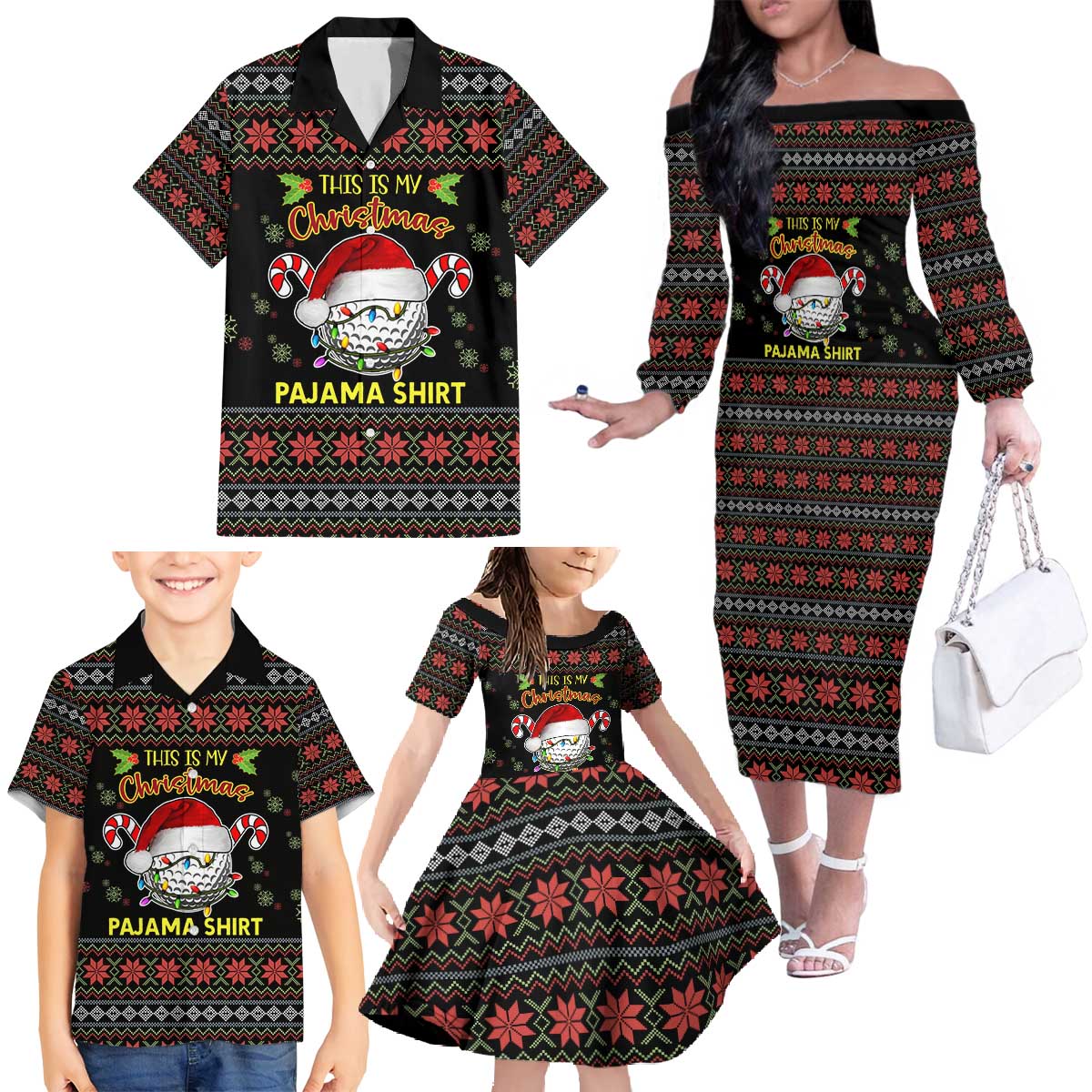 Golf Pajama Christmas Family Matching Off The Shoulder Long Sleeve Dress and Hawaiian Shirt Xmas Holiday Patterns - Wonder Print Shop