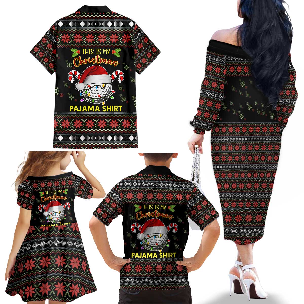 Golf Pajama Christmas Family Matching Off The Shoulder Long Sleeve Dress and Hawaiian Shirt Xmas Holiday Patterns - Wonder Print Shop