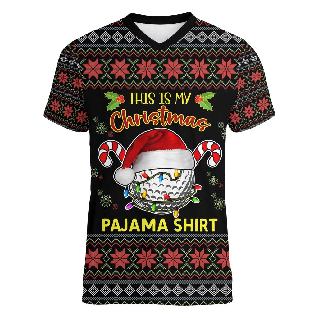 Golf Pajama Christmas Women V-Neck T-Shirt Xmas Holiday Patterns - Wonder Print Shop