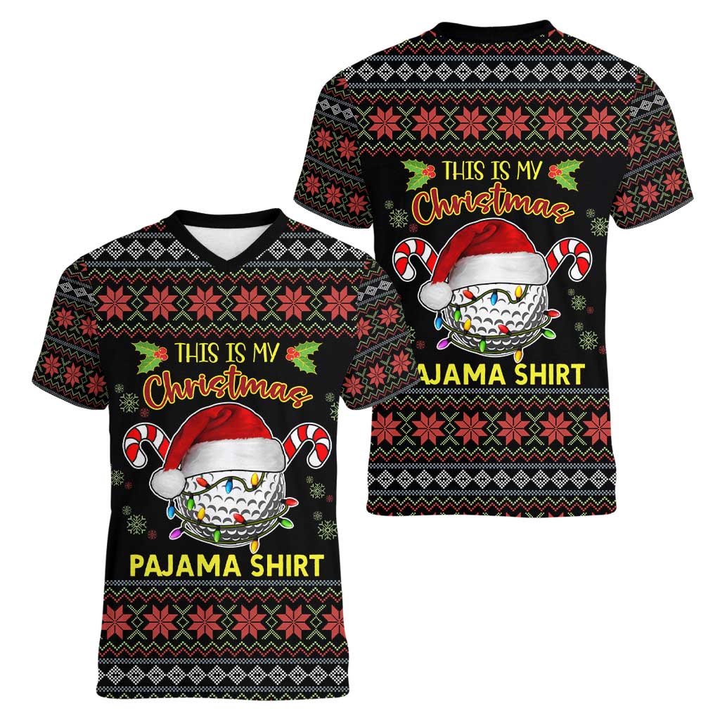 Golf Pajama Christmas Women V-Neck T-Shirt Xmas Holiday Patterns - Wonder Print Shop
