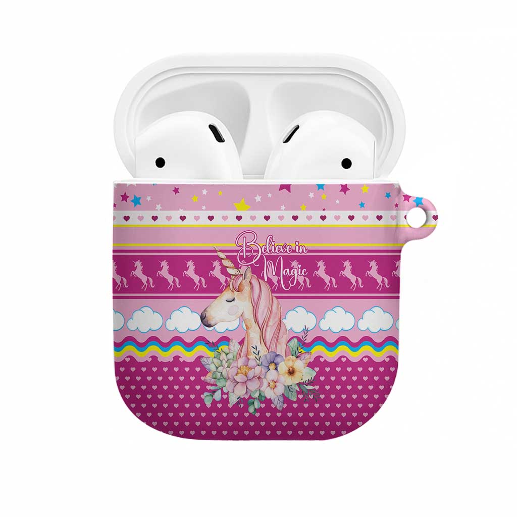 Unicorn Believe In Magic Christmas AirPods Case with Believe in Magic Quote Pink Hearts Stars and Rainbow - Wonder Print Shop