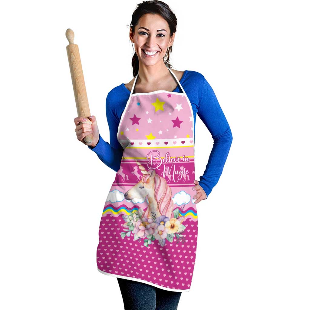 Unicorn Believe In Magic Christmas Apron with Believe in Magic Quote Pink Hearts Stars and Rainbow - Wonder Print Shop