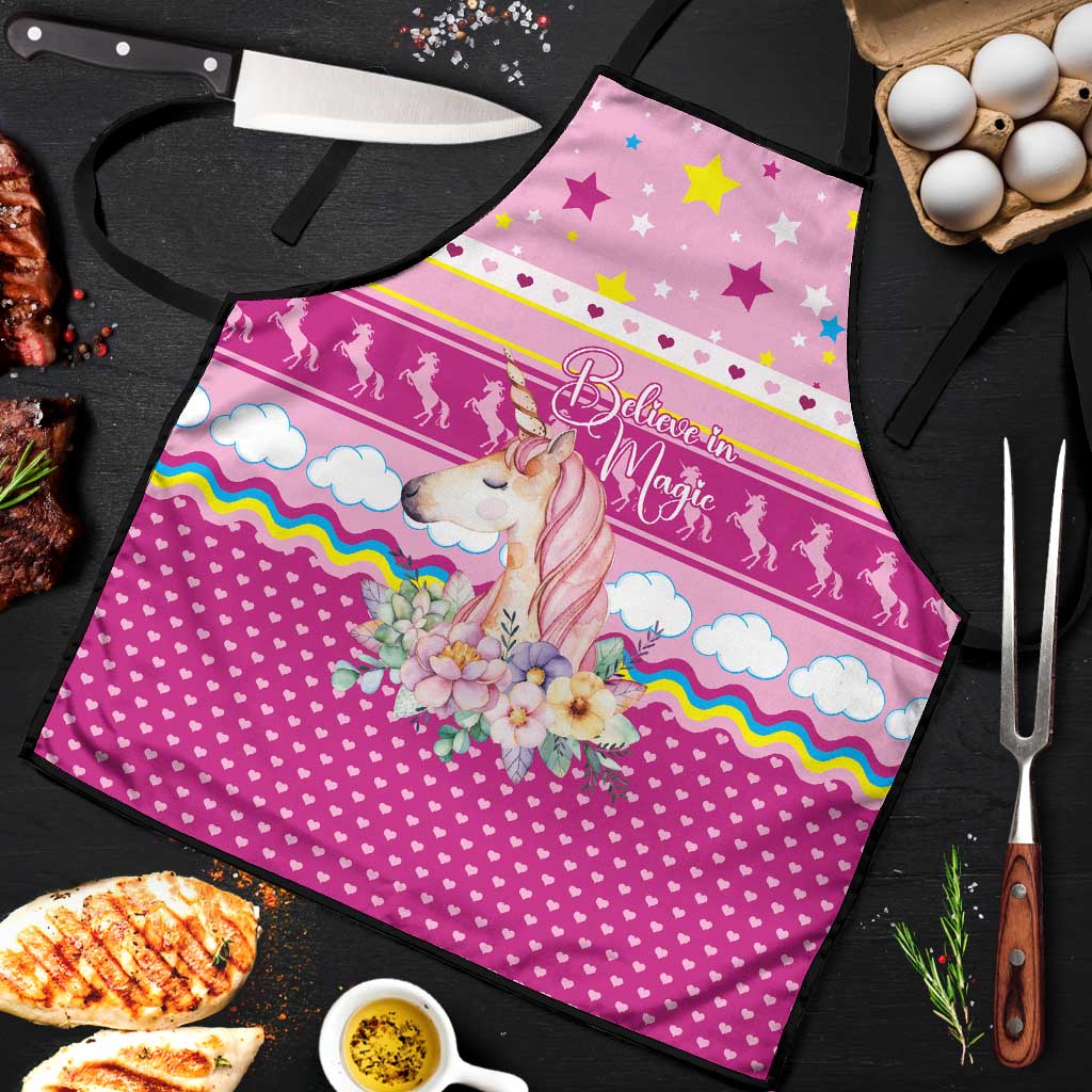 Unicorn Believe In Magic Christmas Apron with Believe in Magic Quote Pink Hearts Stars and Rainbow - Wonder Print Shop