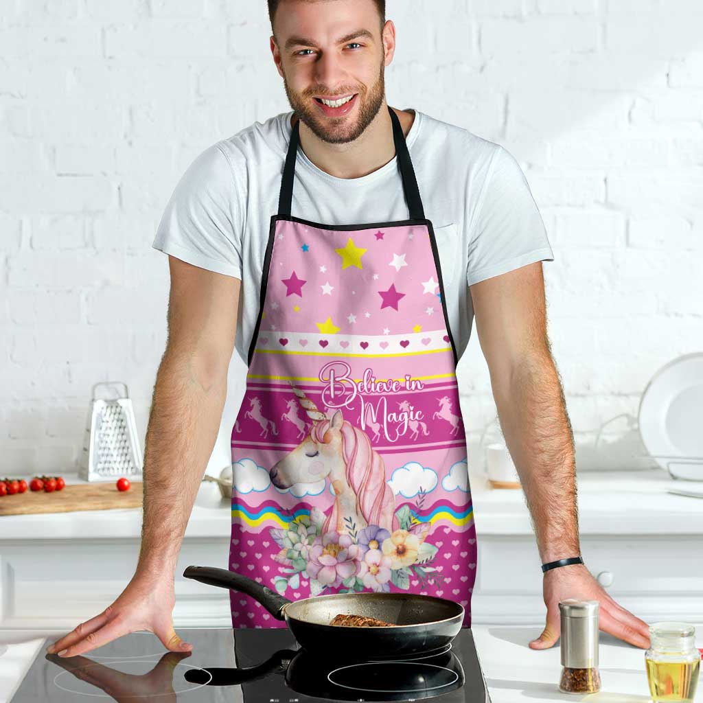 Unicorn Believe In Magic Christmas Apron with Believe in Magic Quote Pink Hearts Stars and Rainbow - Wonder Print Shop