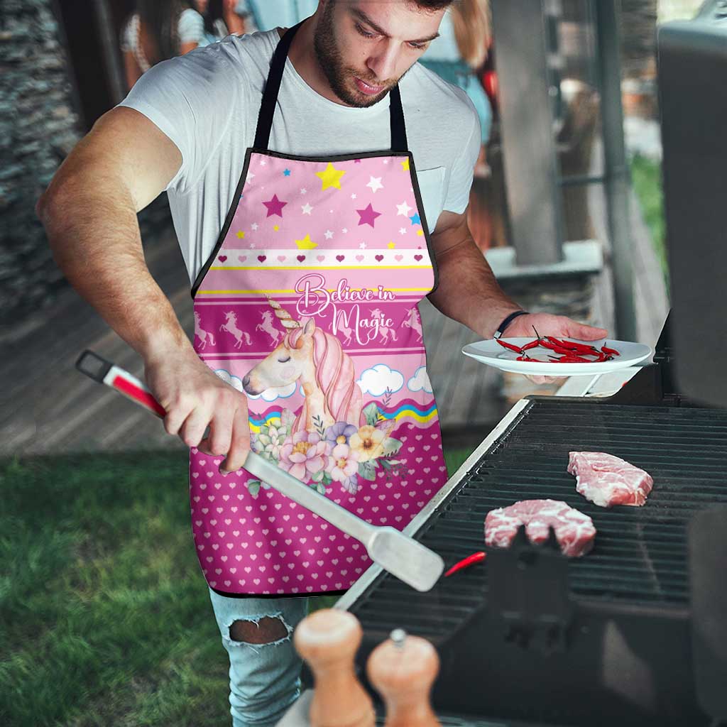 Unicorn Believe In Magic Christmas Apron with Believe in Magic Quote Pink Hearts Stars and Rainbow - Wonder Print Shop