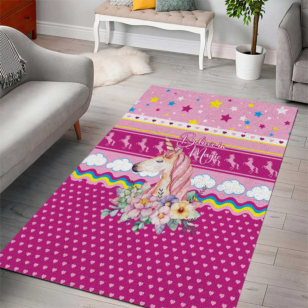 Unicorn Believe In Magic Christmas Area Rug with Believe in Magic Quote Pink Hearts Stars and Rainbow - Wonder Print Shop