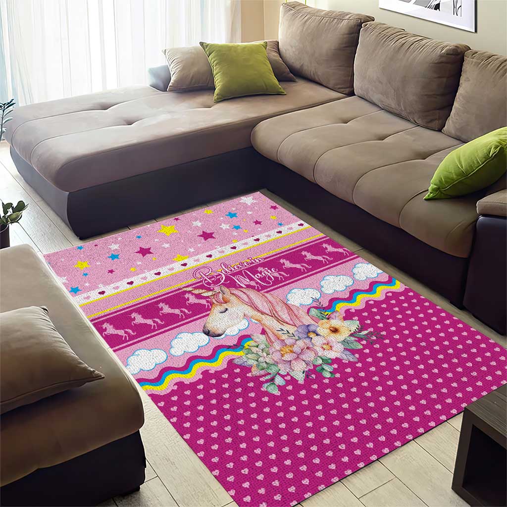 Unicorn Believe In Magic Christmas Area Rug with Believe in Magic Quote Pink Hearts Stars and Rainbow - Wonder Print Shop