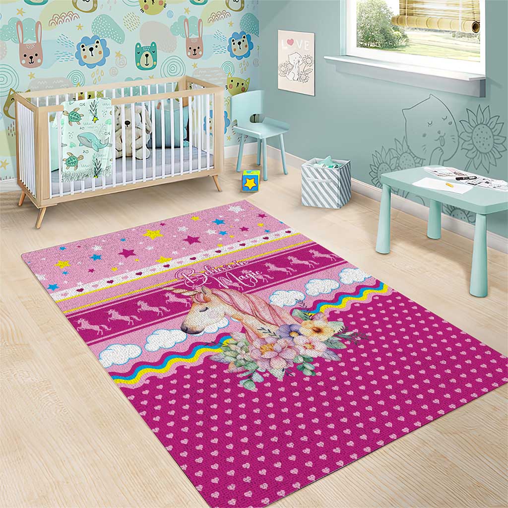 Unicorn Believe In Magic Christmas Area Rug with Believe in Magic Quote Pink Hearts Stars and Rainbow - Wonder Print Shop