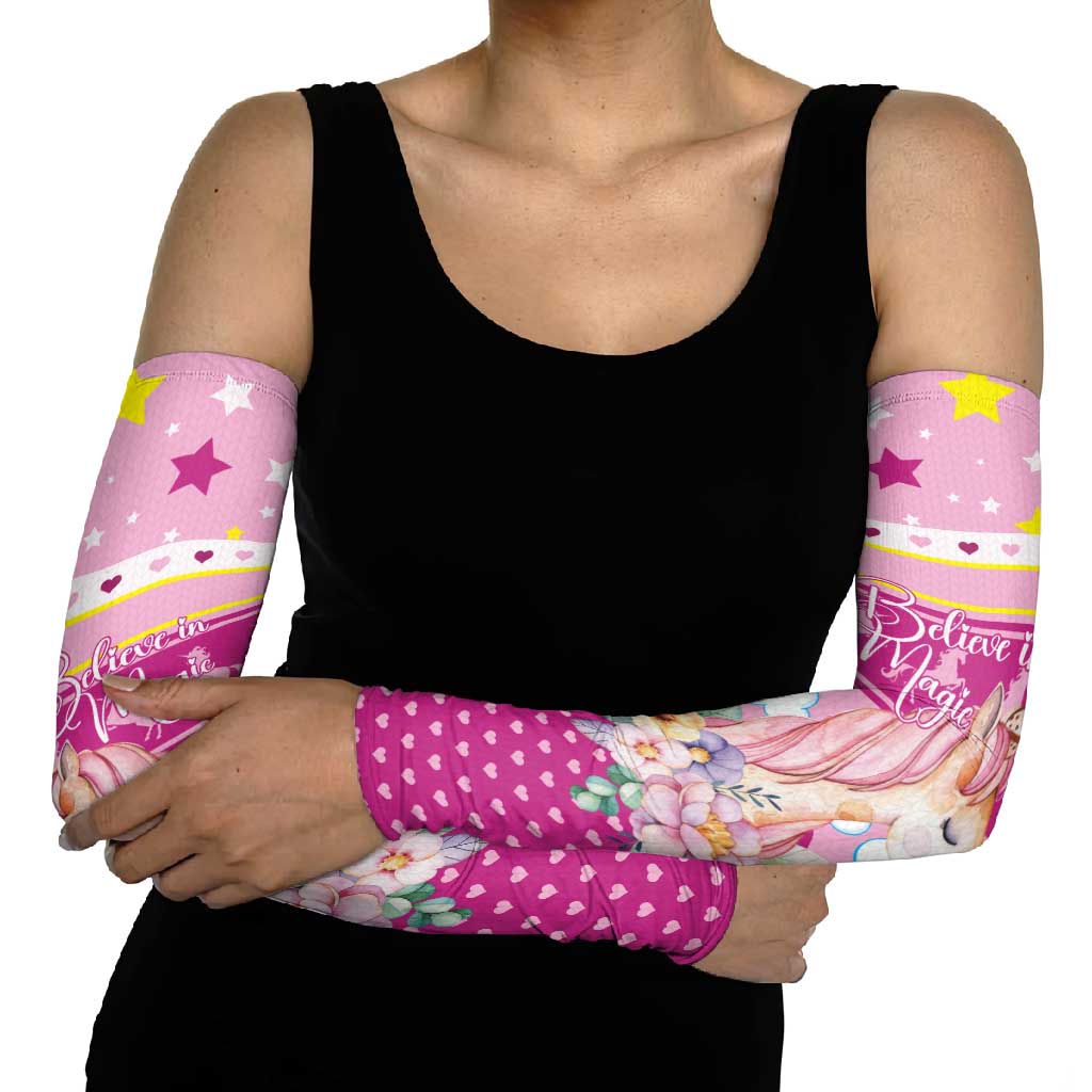 Unicorn Believe In Magic Christmas Arm Sleeves with Believe in Magic Quote Pink Hearts Stars and Rainbow - Wonder Print Shop