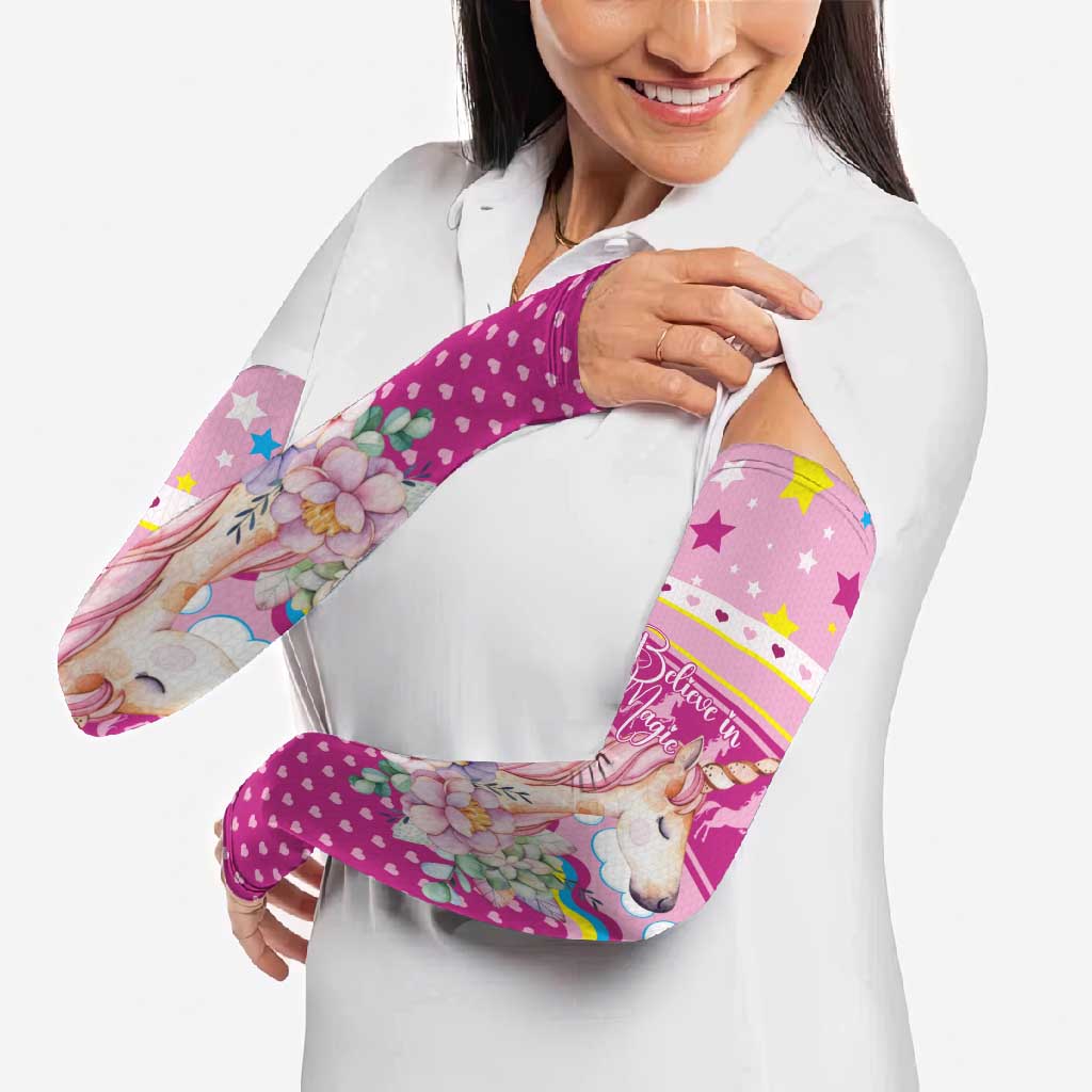 Unicorn Believe In Magic Christmas Arm Sleeves with Believe in Magic Quote Pink Hearts Stars and Rainbow - Wonder Print Shop