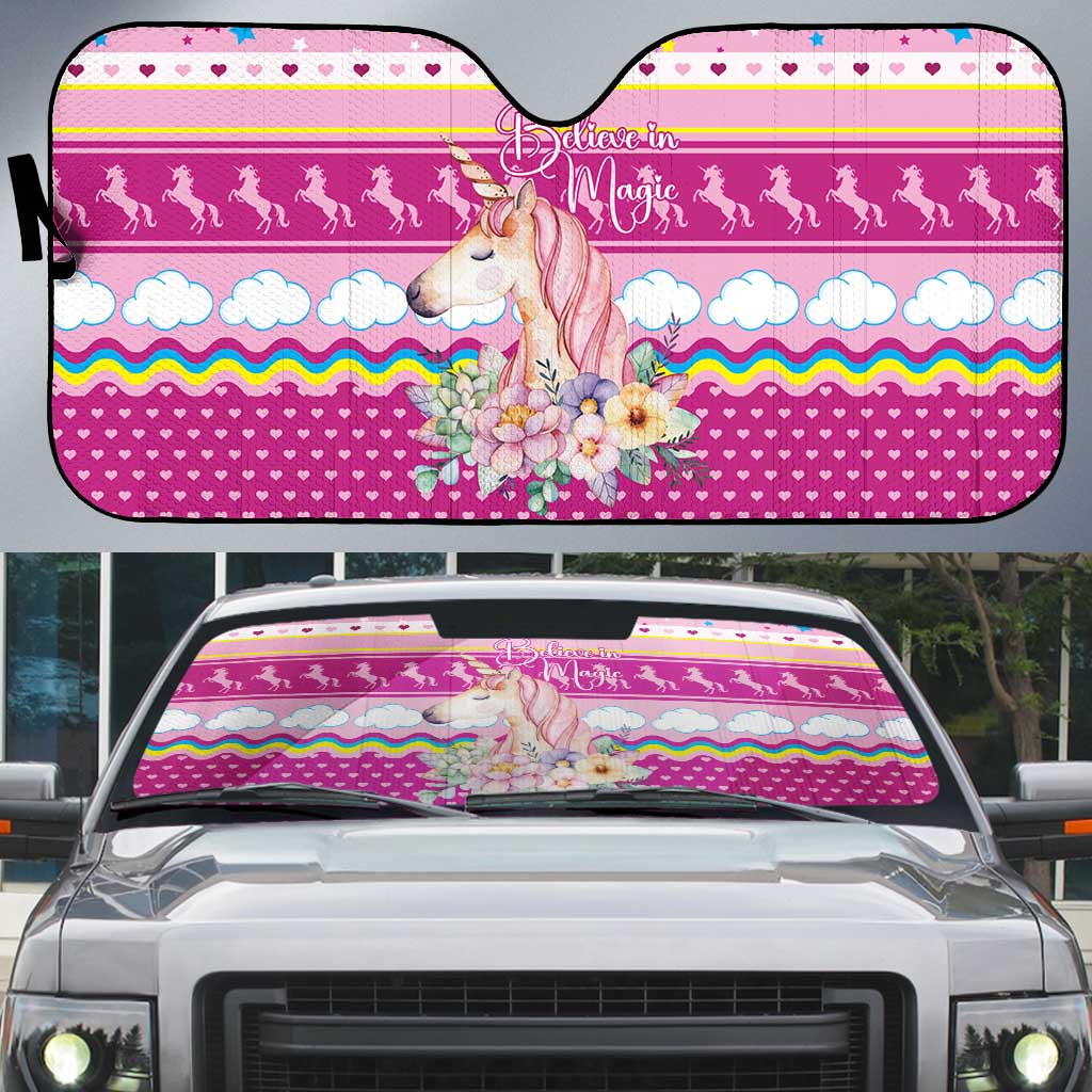 Unicorn Believe In Magic Christmas Auto Sun Shade with Believe in Magic Quote Pink Hearts Stars and Rainbow - Wonder Print Shop
