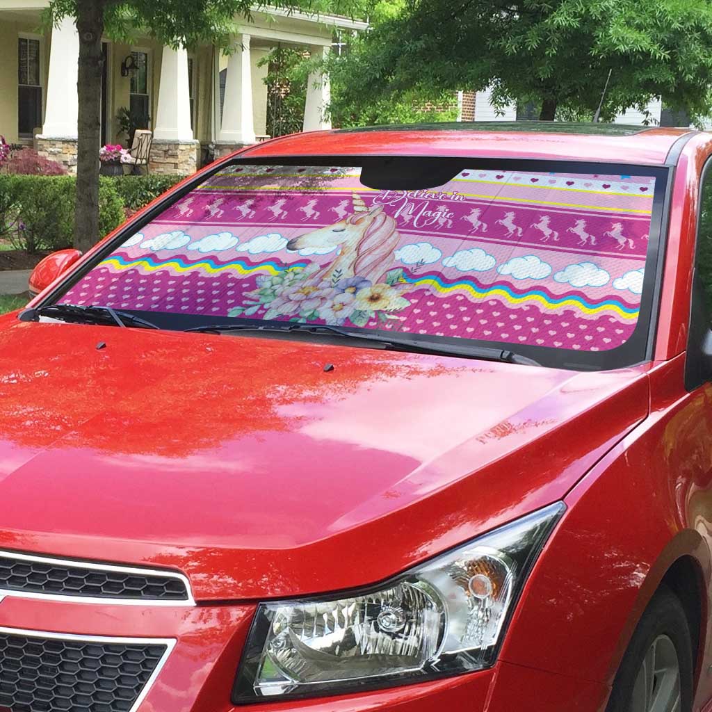 Unicorn Believe In Magic Christmas Auto Sun Shade with Believe in Magic Quote Pink Hearts Stars and Rainbow - Wonder Print Shop