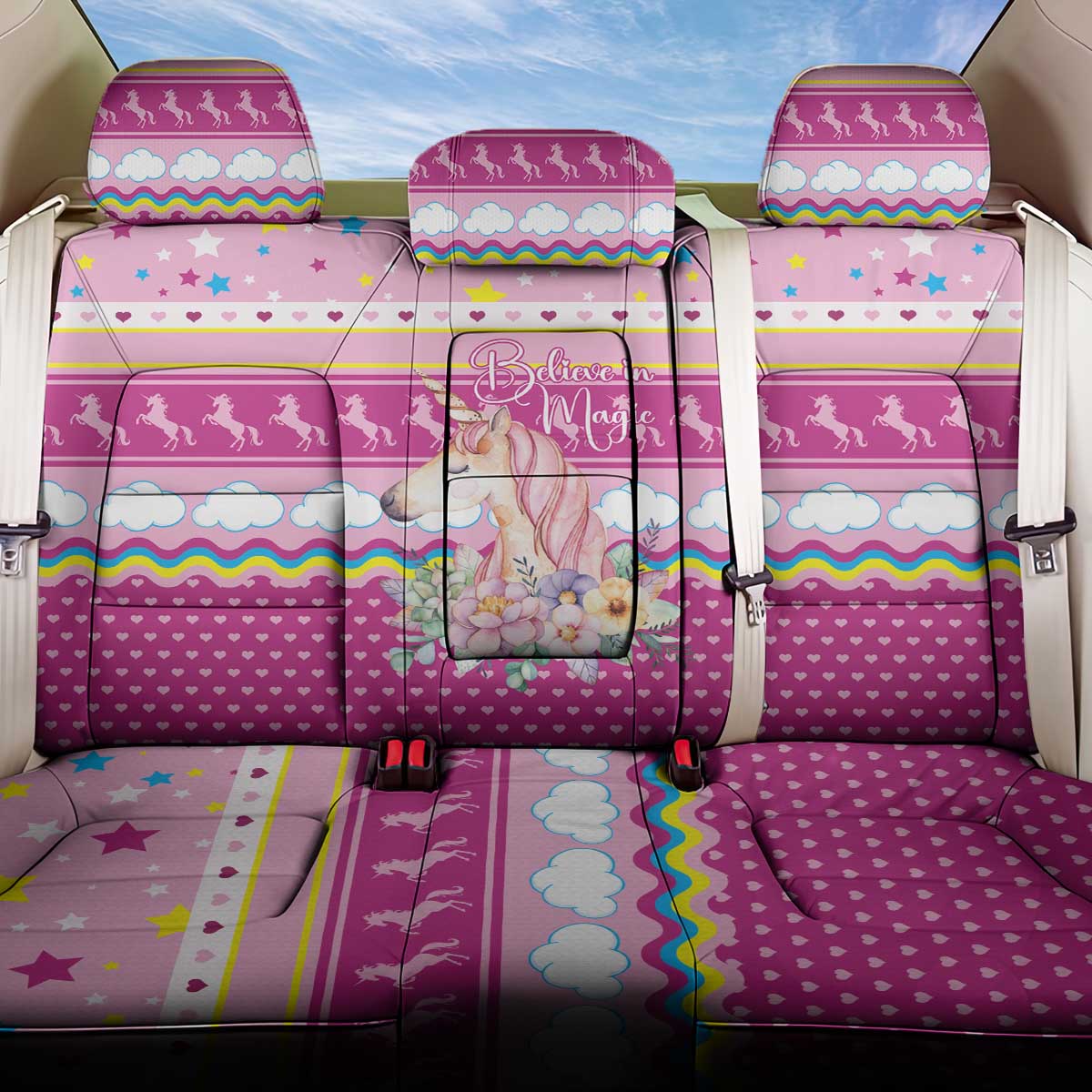 Unicorn Believe In Magic Christmas Back Car Seat Cover with Believe in Magic Quote Pink Hearts Stars and Rainbow - Wonder Print Shop