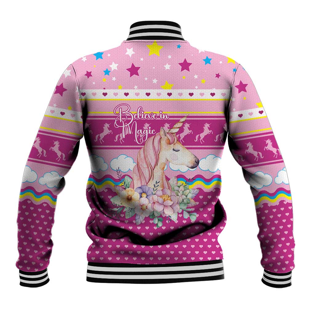 Unicorn Believe In Magic Christmas Baseball Jacket with Believe in Magic Quote Pink Hearts Stars and Rainbow - Wonder Print Shop