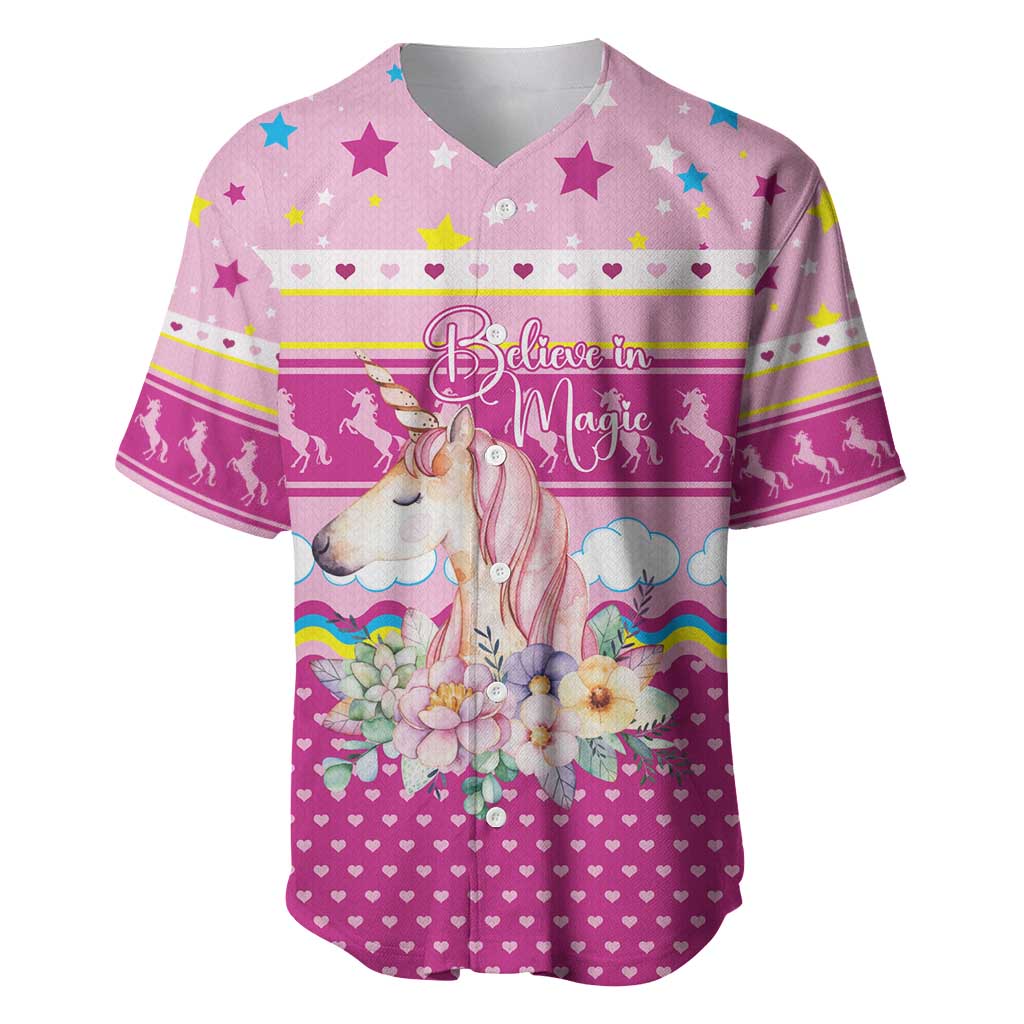 Unicorn Believe In Magic Christmas Baseball Jersey with Believe in Magic Quote Pink Hearts Stars and Rainbow - Wonder Print Shop
