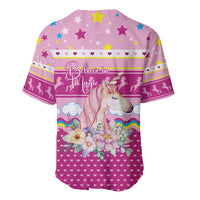 Unicorn Believe In Magic Christmas Baseball Jersey with Believe in Magic Quote Pink Hearts Stars and Rainbow - Wonder Print Shop
