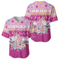 Unicorn Believe In Magic Christmas Baseball Jersey with Believe in Magic Quote Pink Hearts Stars and Rainbow - Wonder Print Shop