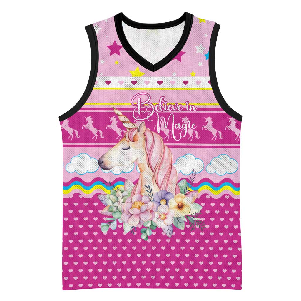 Unicorn Believe In Magic Christmas Basketball Jersey with Believe in Magic Quote Pink Hearts Stars and Rainbow - Wonder Print Shop