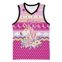 Unicorn Believe In Magic Christmas Basketball Jersey with Believe in Magic Quote Pink Hearts Stars and Rainbow - Wonder Print Shop