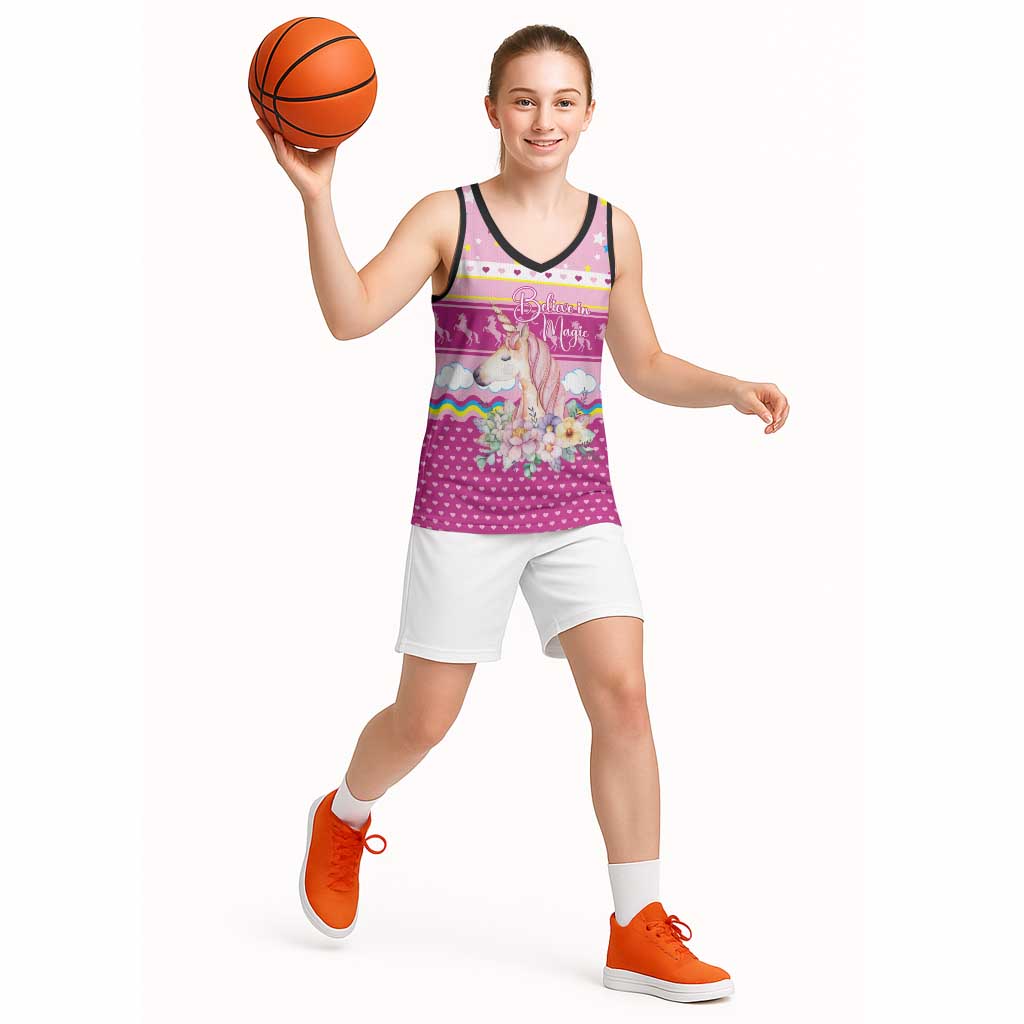 Unicorn Believe In Magic Christmas Basketball Jersey with Believe in Magic Quote Pink Hearts Stars and Rainbow - Wonder Print Shop