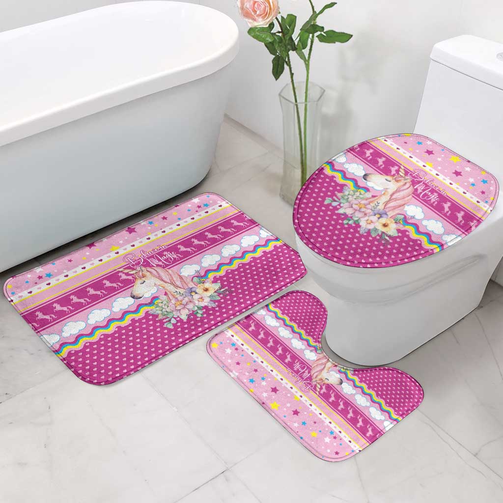 Unicorn Believe In Magic Christmas Bathroom Set with Believe in Magic Quote Pink Hearts Stars and Rainbow - Wonder Print Shop