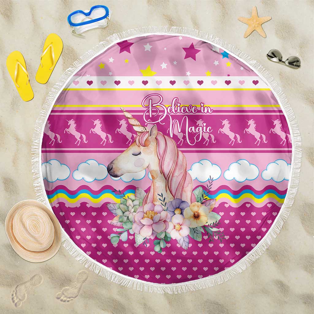 Unicorn Believe In Magic Christmas Beach Blanket with Believe in Magic Quote Pink Hearts Stars and Rainbow - Wonder Print Shop