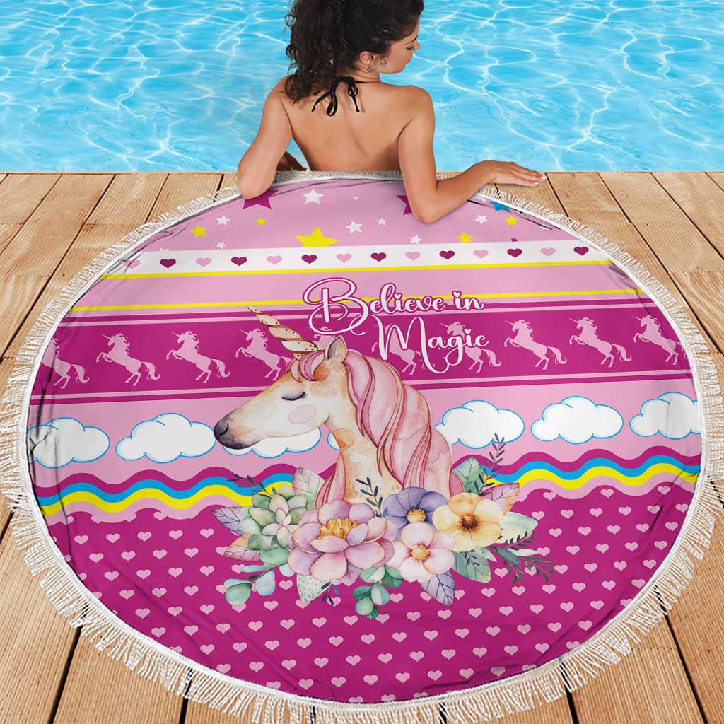 Unicorn Believe In Magic Christmas Beach Blanket with Believe in Magic Quote Pink Hearts Stars and Rainbow - Wonder Print Shop