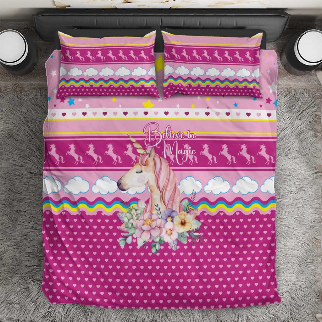 Unicorn Believe In Magic Christmas Bedding Set with Believe in Magic Quote Pink Hearts Stars and Rainbow - Wonder Print Shop