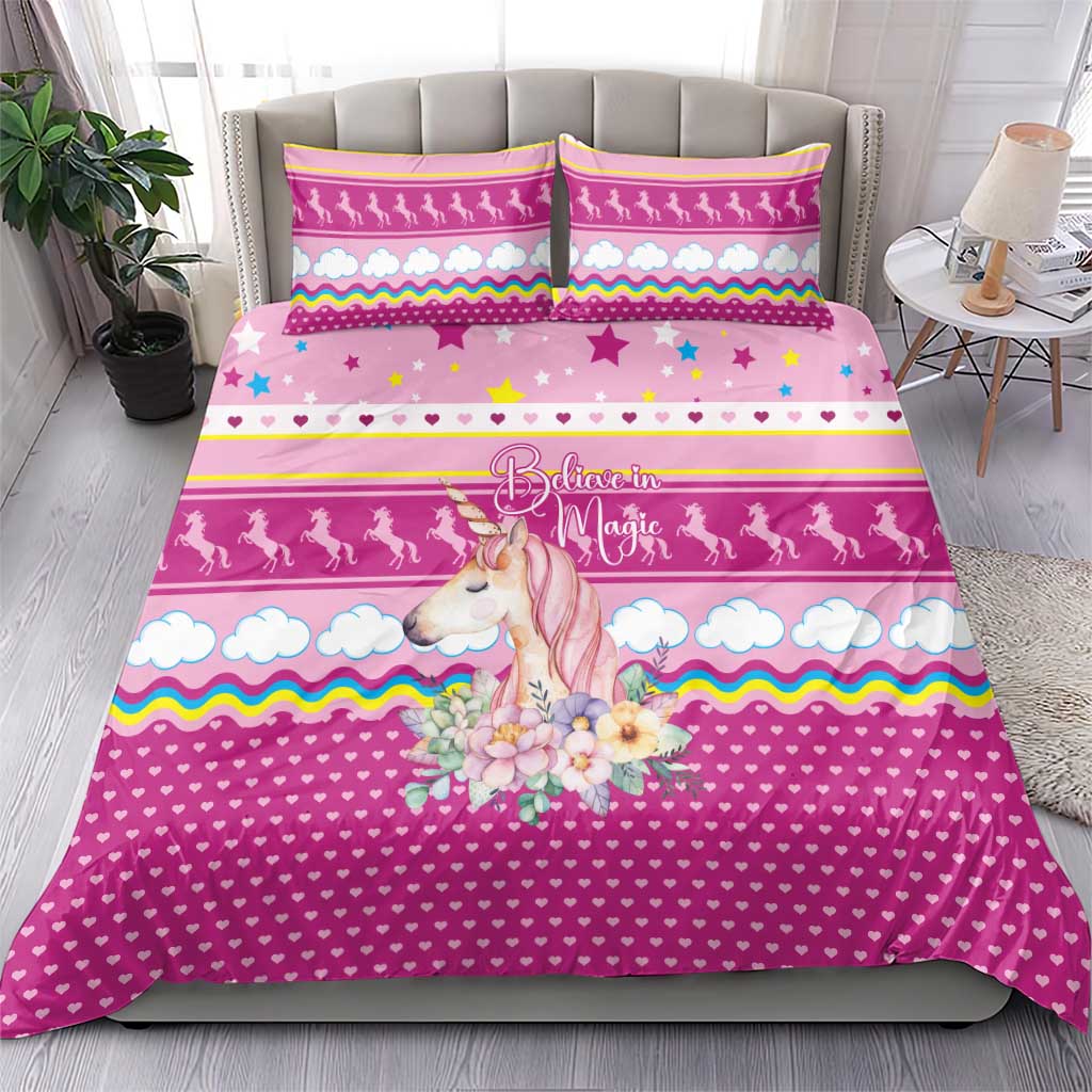 Unicorn Believe In Magic Christmas Bedding Set with Believe in Magic Quote Pink Hearts Stars and Rainbow - Wonder Print Shop