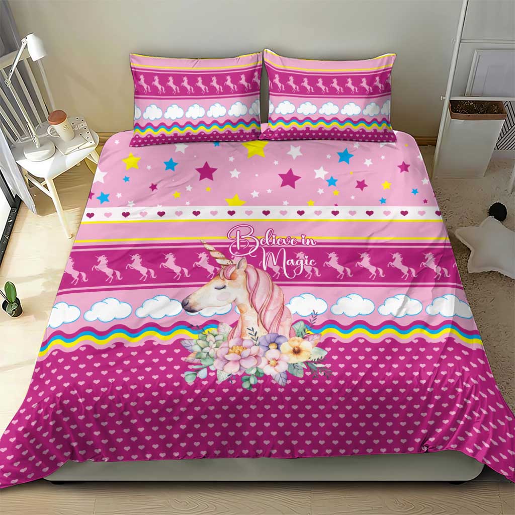 Unicorn Believe In Magic Christmas Bedding Set with Believe in Magic Quote Pink Hearts Stars and Rainbow - Wonder Print Shop