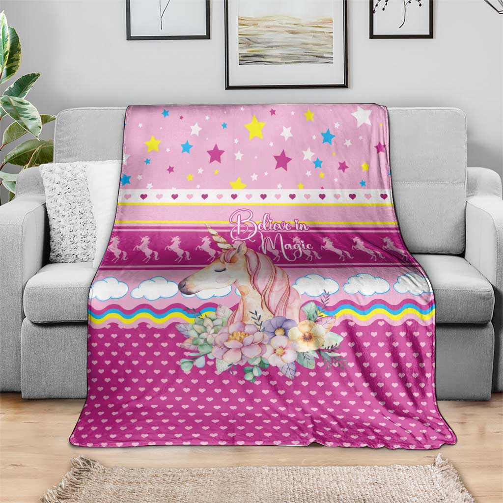 Unicorn Believe In Magic Christmas Blanket with Believe in Magic Quote Pink Hearts Stars and Rainbow - Wonder Print Shop