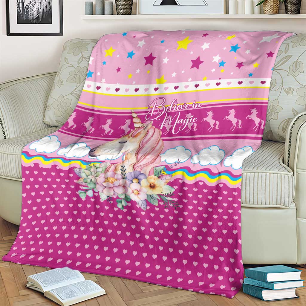 Unicorn Believe In Magic Christmas Blanket with Believe in Magic Quote Pink Hearts Stars and Rainbow - Wonder Print Shop
