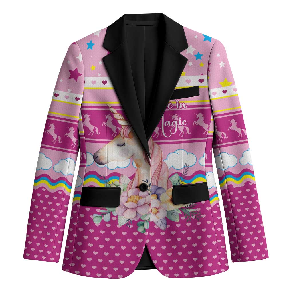 Unicorn Believe In Magic Christmas Blazer with Believe in Magic Quote Pink Hearts Stars and Rainbow - Wonder Print Shop