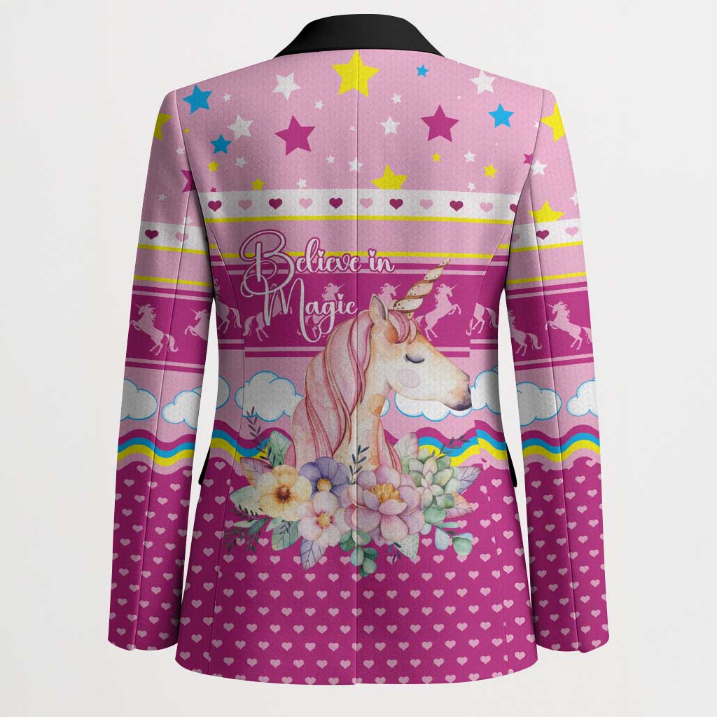 Unicorn Believe In Magic Christmas Blazer with Believe in Magic Quote Pink Hearts Stars and Rainbow - Wonder Print Shop