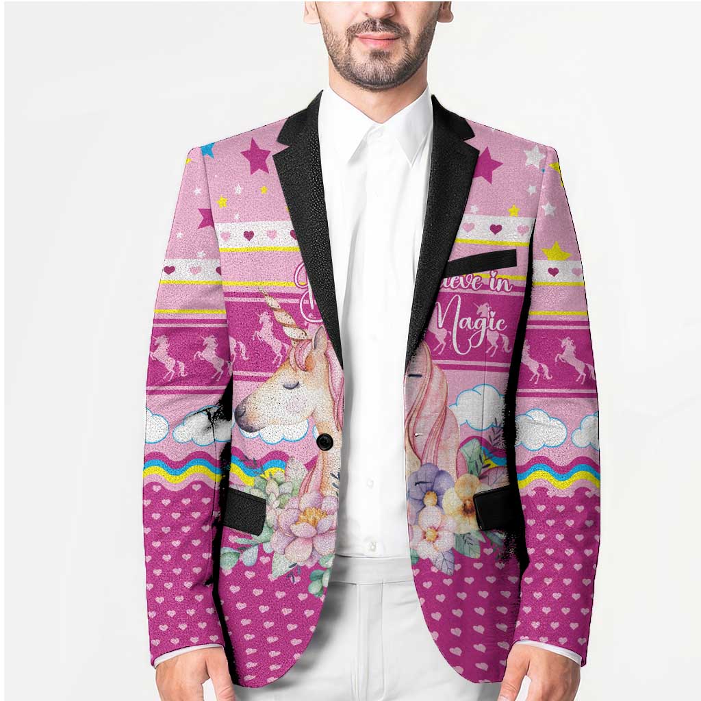 Unicorn Believe In Magic Christmas Blazer with Believe in Magic Quote Pink Hearts Stars and Rainbow - Wonder Print Shop