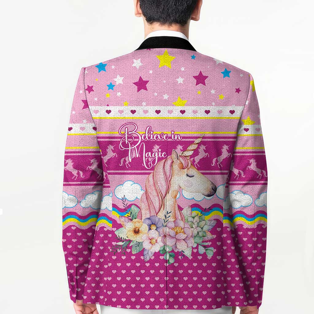 Unicorn Believe In Magic Christmas Blazer with Believe in Magic Quote Pink Hearts Stars and Rainbow - Wonder Print Shop