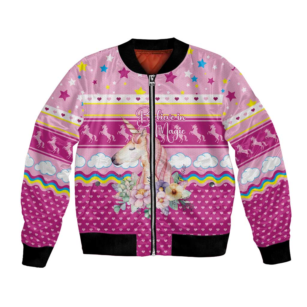 Unicorn Believe In Magic Christmas Bomber Jacket with Believe in Magic Quote Pink Hearts Stars and Rainbow - Wonder Print Shop