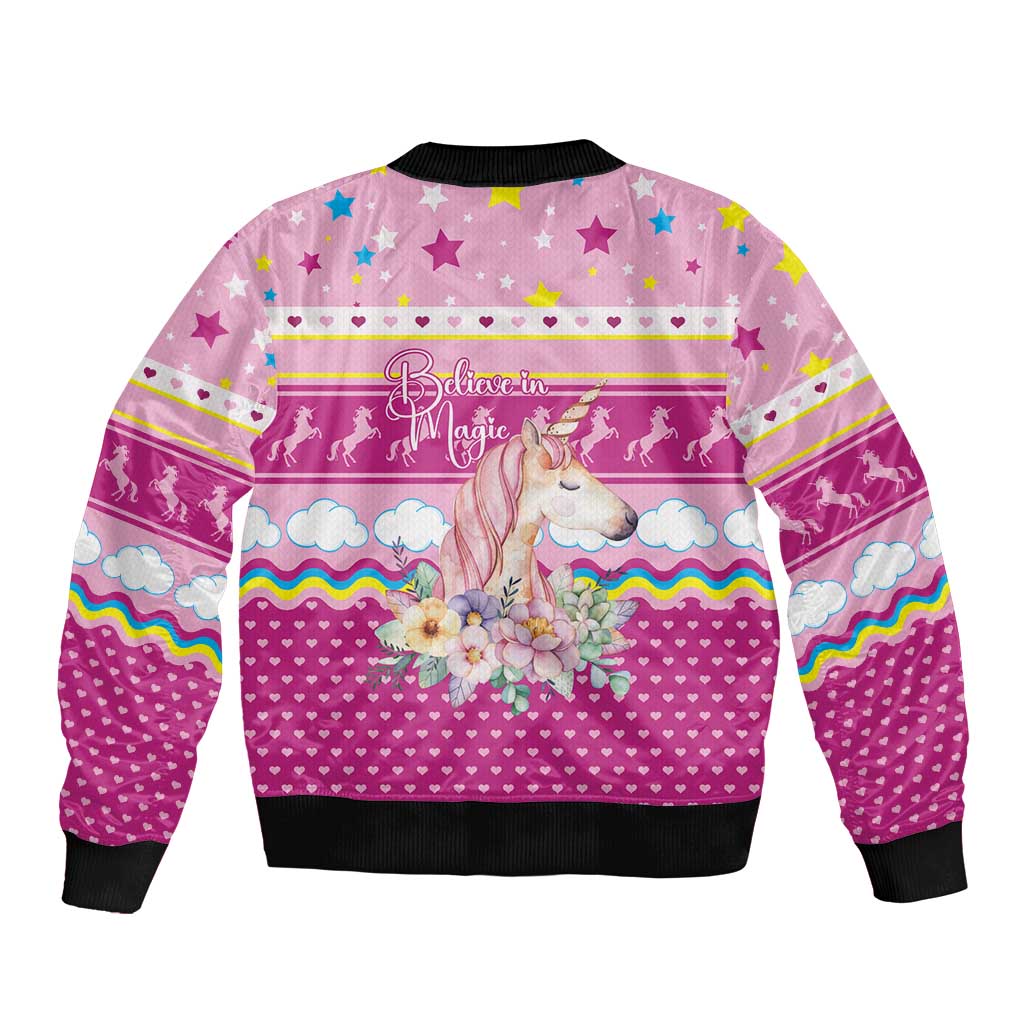Unicorn Believe In Magic Christmas Bomber Jacket with Believe in Magic Quote Pink Hearts Stars and Rainbow - Wonder Print Shop