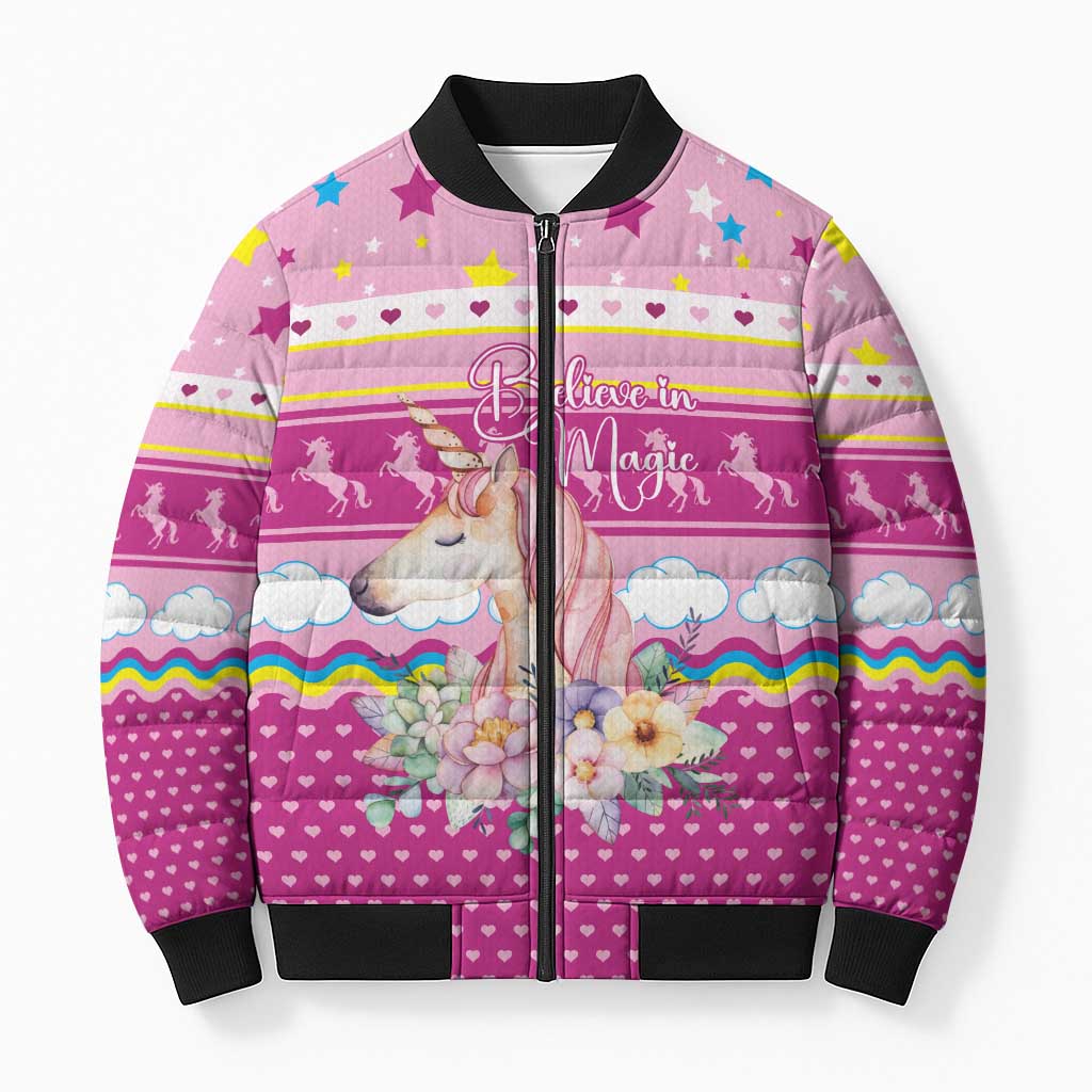 Unicorn Believe In Magic Christmas Bomber Puffer Jacket with Believe in Magic Quote Pink Hearts Stars and Rainbow - Wonder Print Shop